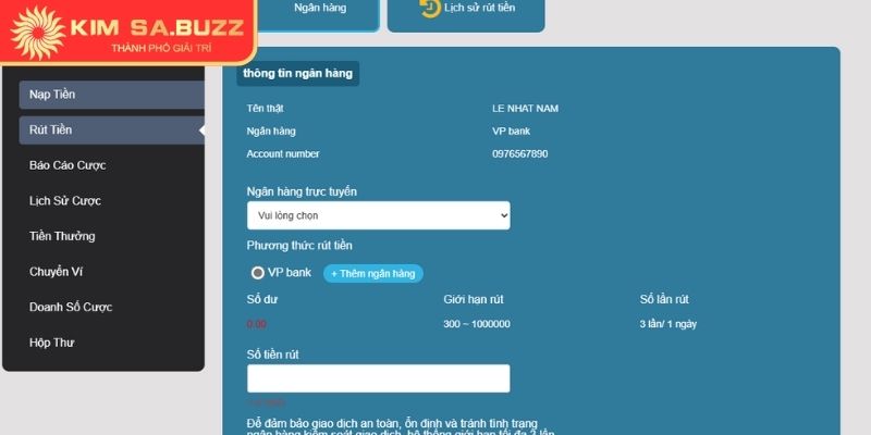 Truy cập mục Rút Tiền Kimsa